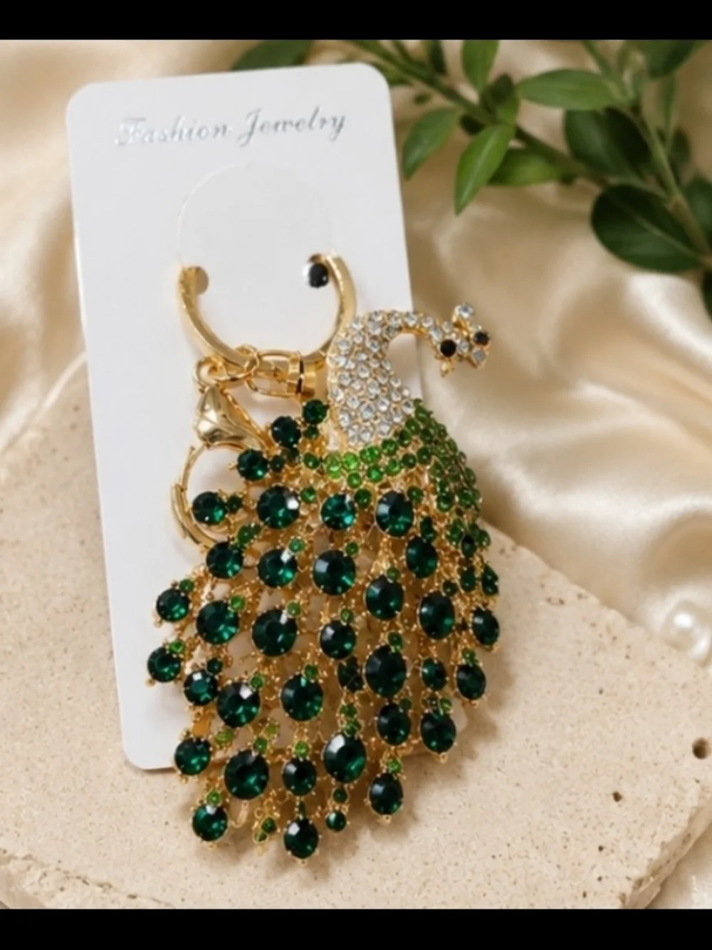Fashion Jewelry Gold-Tone Peacock Key Chain with Emerald and Lime Crystals
